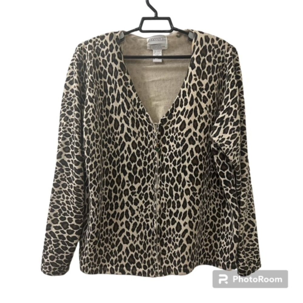 VINTAGE SIDEFFECTS Brown Cream Leopard Print Full Zip Padded Cardigan Size XL